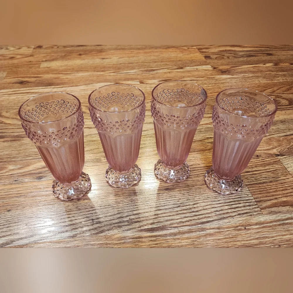 4 Vintage Gorham Emily's Attic Pink Hobnail Herringbone Highball Glasses